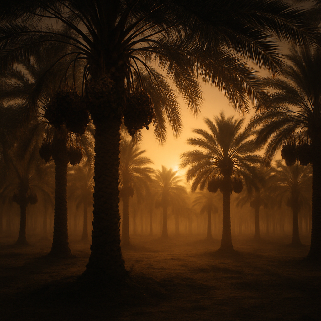 Saudi Arabian date palm plantation at golden hour