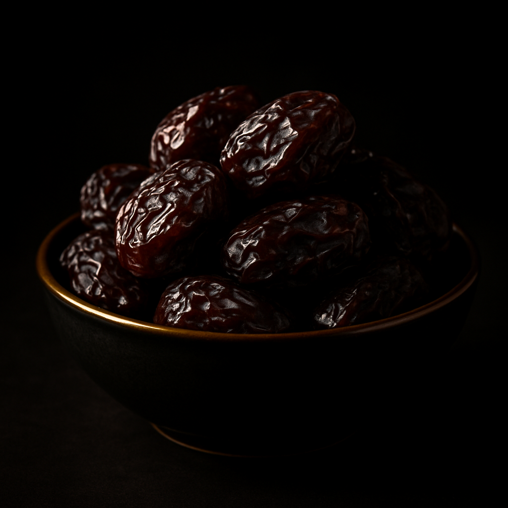 Premium Saudi dates in an elegant dark bowl